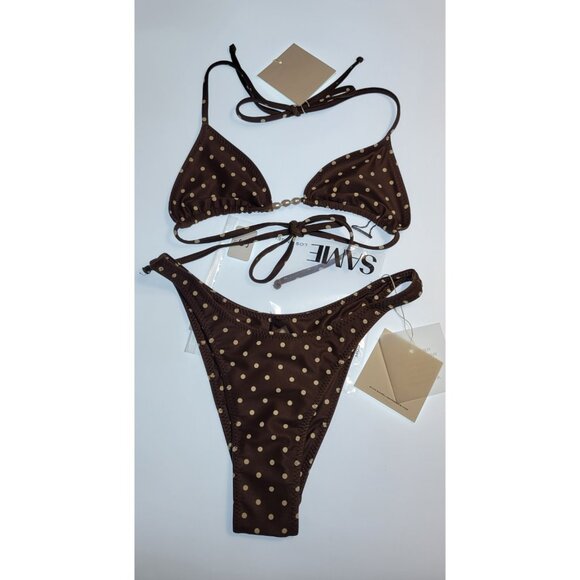 SAME Los Angeles Swim Bikini SeT Beaded Triangle Top and Bottom Polka Dot 90 S - Picture 2 of 8